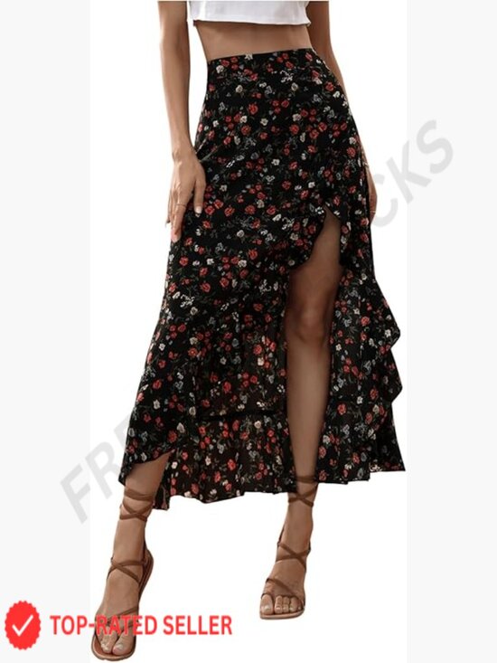 Dresses & Skirts - Boho Floral Maxi Skirt High Waisted Ruffle Split Thigh Elegant Chic